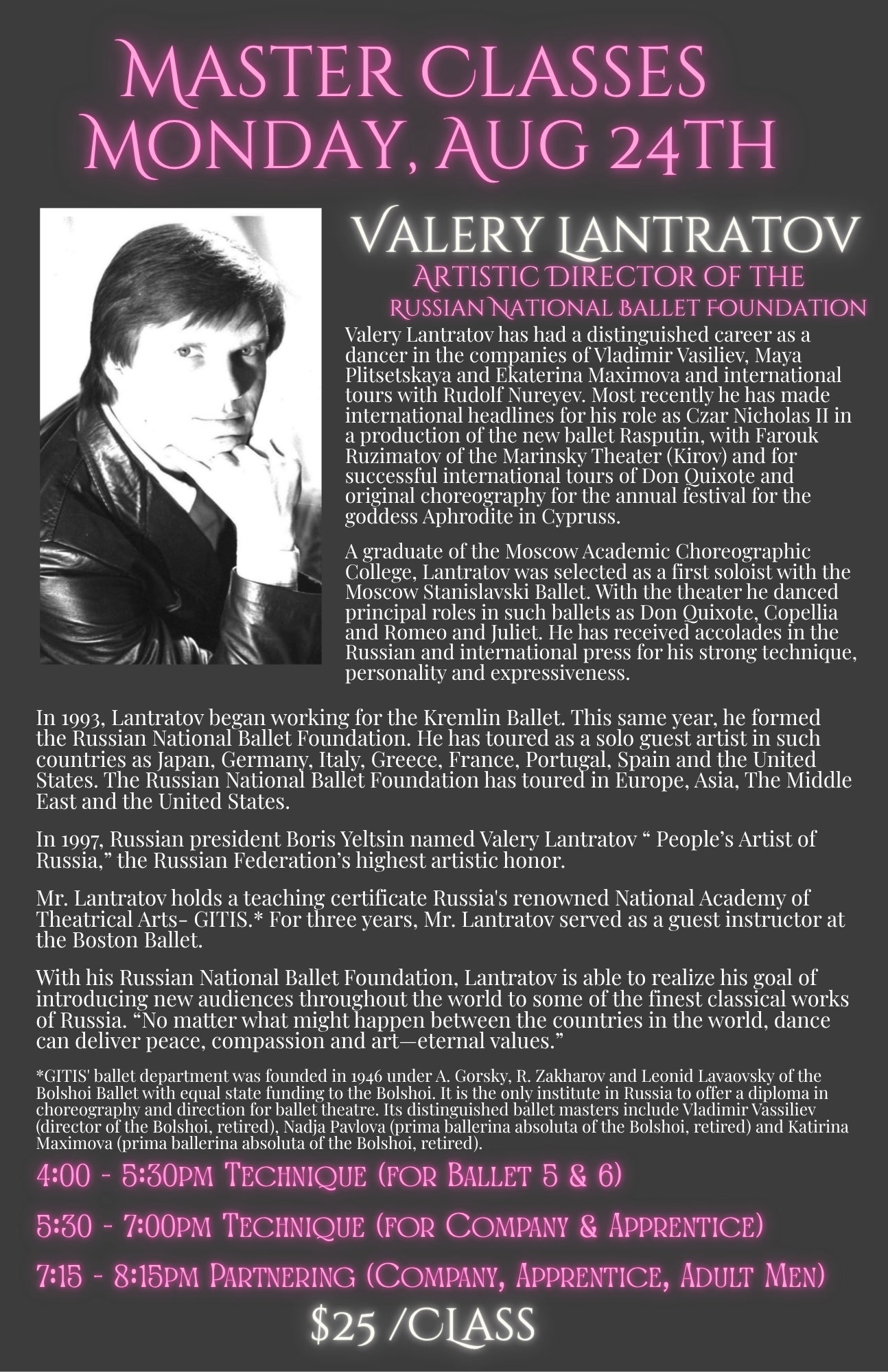 Master Classes w/Mr Valery Lantratov: Mon, August 24th